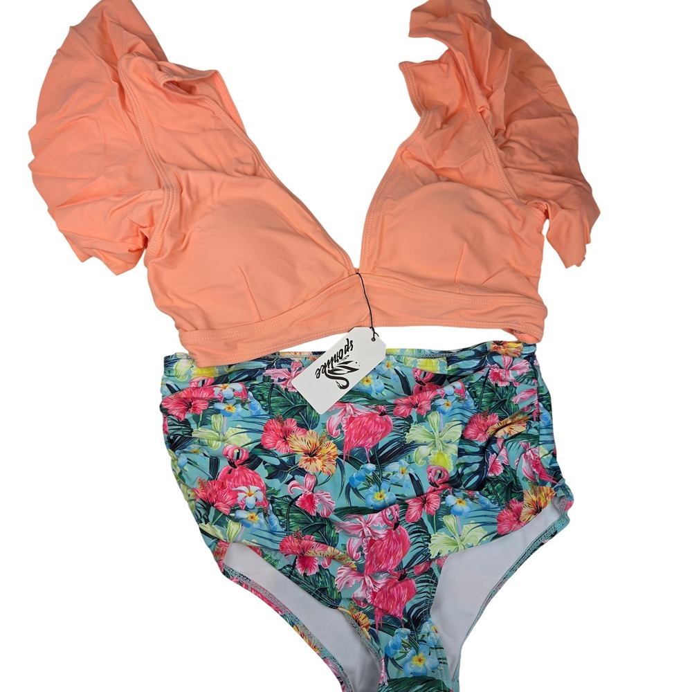 Sportlike Bikini‎ Set Womens M Peach Tropical Flamingo Ruffle High Waist 941 NWT